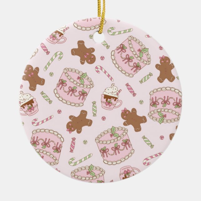 Ornamento De Cerâmica Cozy Pink Pastel Cake & Bow Christmas Apron (Frente)
