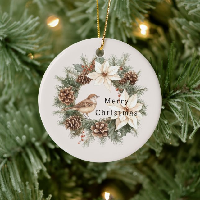 Ornamento De Cerâmica Cozy Warm Christmas Poinsettia Pine Cones Bird (Árvore)