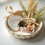 Ornamento De Cerâmica Cozy Winter Village Woodgrain Home Family Photo<br><div class="desc">Our natural cozy village Christmas ornament captures the true nature of the simple things. Natural textures of woodgrains, soft earth tones with beige, greys, and light ceramic creams create a clean, minimal, and cozy design. We've incorporated our hand-drawn woodgrain villae and forest trees. Combination of ceramic creamy shades and woodgrain...</div>