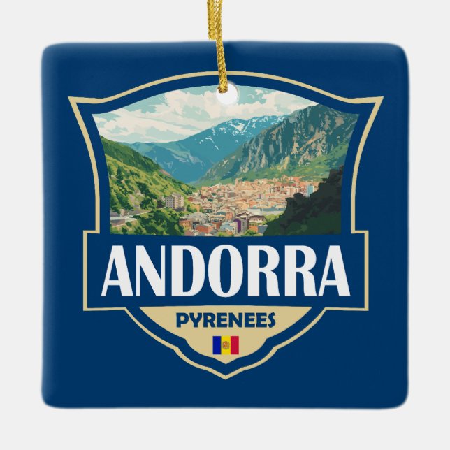 Ornamento De Cerâmica Crachá Retroativo da Ilustração Andorra (Frente)
