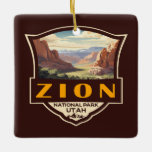 Ornamento De Cerâmica Crachá Retroativo da Ilustração do Parque Nacional<br><div class="desc">Zion vetor trabalho de arte design. O parque é uma zona natural de Utah a sudoeste,  que se distingue pelos penhascos vermelhos íngremes de Zion Canyon.</div>