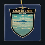 Ornamento De Cerâmica Crachá Viagem de Arte Salar de Uyuni Bolivia<br><div class="desc">Salar de Uyuni num estilo de arte vetorial. Salar de Uyuni,  no meio dos Andes no sudoeste da Bolívia,  é o maior apartamento salgado do mundo.</div>