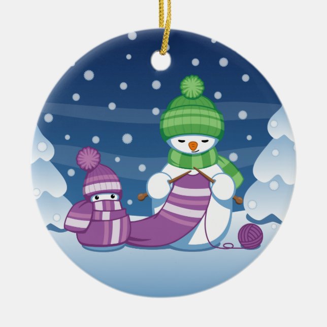 Ornamento De Cerâmica Crafty Snowman a tricotar Scarf (Frente)