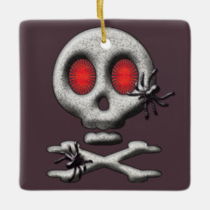Ornamento De Cerâmica Cráneo Assustador Clássico de Halloween e Aranhas
