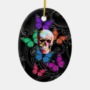 Ornamento De Cerâmica Crânio da fantasia e borboletas coloridas