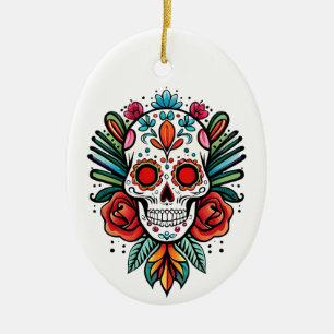 Ornamento De Cerâmica Cranio de Açúcar Colorido em Aquarela Cinco De May