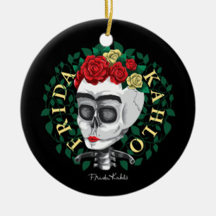 Ornamento De Cerâmica Crânio de Frida Kahlo   com coroa cor-de-rosa