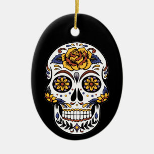 Ornamento De Cerâmica Crânio de Rosa Amarelo em Preto