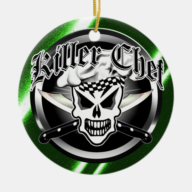 Ornamento De Cerâmica Crânio do cozinheiro chefe e facas cruzadas 2 do (Frente)