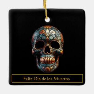 Ornamento De Cerâmica Crânio do Dia dos Mortos em Turquesa Personalizado