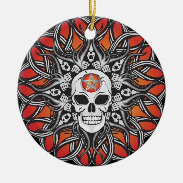 Ornamento De Cerâmica Crânio do gótico - laranja (Frente)