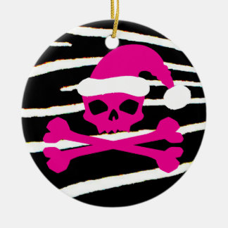 Ornamento De Cerâmica Crânio do papai noel do rosa quente