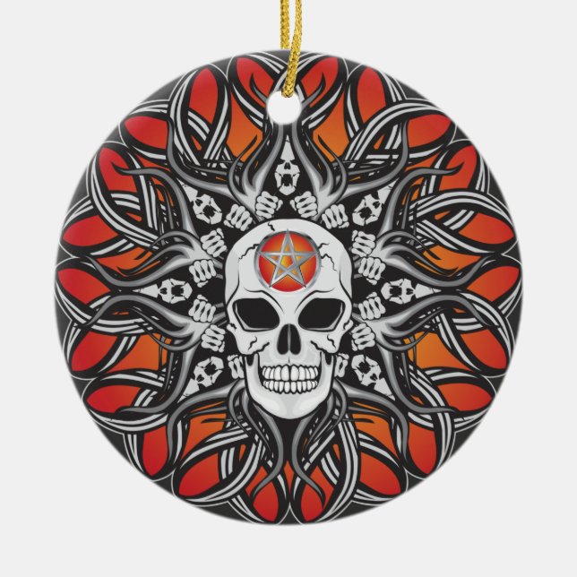 Ornamento De Cerâmica Crânio Gótico - Laranja (Frente)