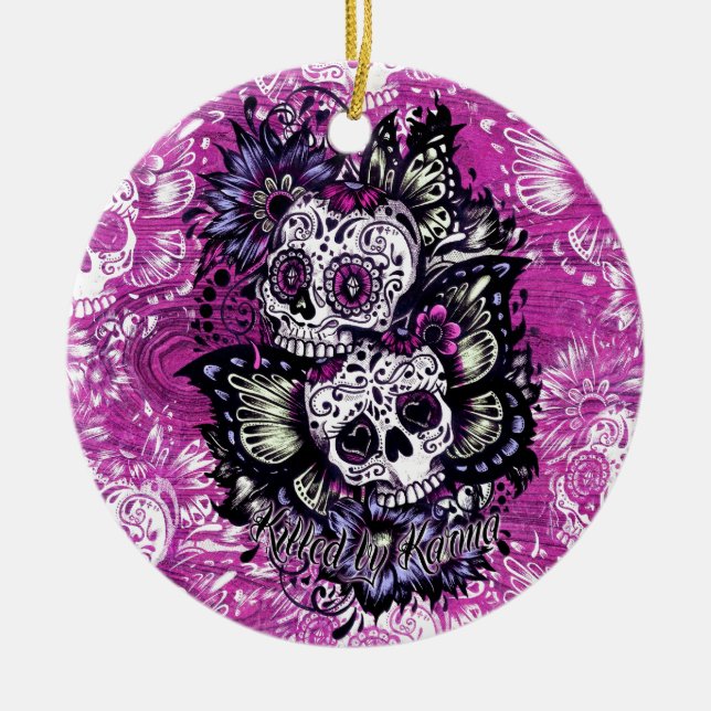 Ornamento De Cerâmica Crânios do açúcar da borboleta na base de madeira (Frente)
