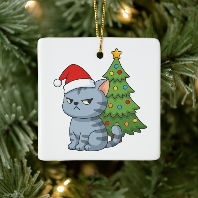 Ornamento De Cerâmica Cranky Grey Tabby Cat Red Hat Christmas Tree (Árvore)