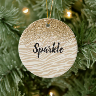 Ornamento De Cerâmica Cream Dourado Faux Glitter Zebra Impressão Sparkl