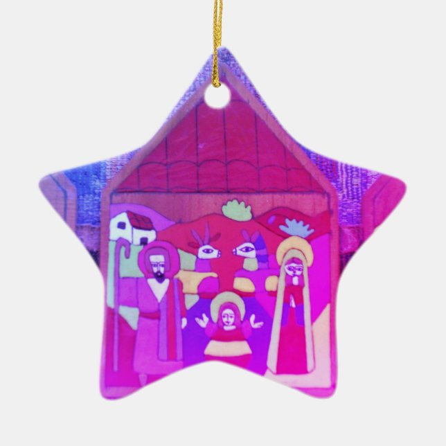 Ornamento De Cerâmica Creche de Natal em Miami Purple Blue (Frente)