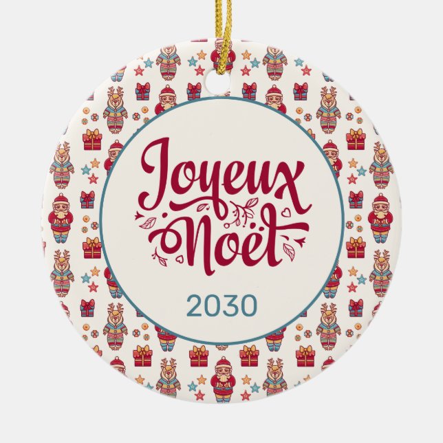 Ornamento De Cerâmica Creme de Papais noeis Retro de Noel para Joyeux (Frente)