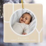 Ornamento De Cerâmica Creme Fotográfico de Natal do Bebê<br><div class="desc">O Primeiro Ornamento Fotográfico de Natal deste Bebê na moda é decorado com a palavra JOY em tipografia moderna em um fundo de cor de champanhe. Facilmente personalizável com sua foto,  nome e ano. Faz um presente especial para avós,  tias e tios.</div>