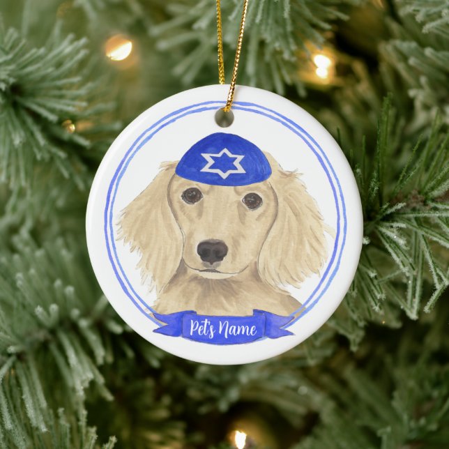 Ornamento De Cerâmica Creme personalizado inglês Dachshund Dog Hanukkah (Árvore)