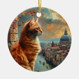 Ornamento De Cerâmica Crepúsculo em Veneza Gato Laranja em um Canal