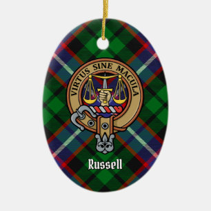 Ornamento De Cerâmica Crest do Clã Russell sobre Tartan