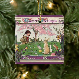 Ornamento De Cerâmica Criança Antiga em uma Caça aos Ovos de Páscoa com 
