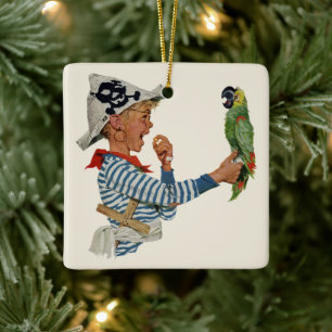Ornamento De Cerâmica Criança Antiga, Menino Brincando com Papagaio Pira