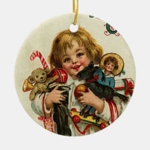 ORNAMENTO DE CERÂMICA CRIANÇA COM BRINQUEDOS E PRESENTES DO NATAL