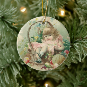 Ornamento De Cerâmica Criança Vitoriana Antiga, Menina Cesta de Frutas d