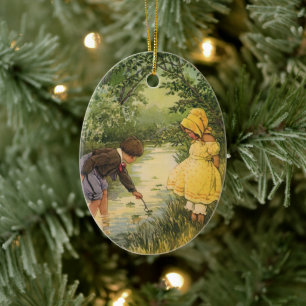 Ornamento De Cerâmica Crianças Antigas, Menino e Menina Brincando ao lad