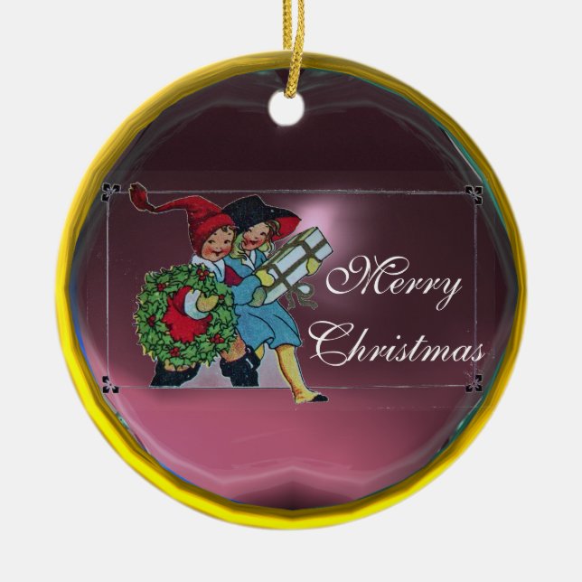 ORNAMENTO DE CERÂMICA CRIANÇAS COM PRESENTES DE NATAL (Frente)