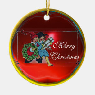 ORNAMENTO DE CERÂMICA CRIANÇAS COM PRESENTES DE NATAL