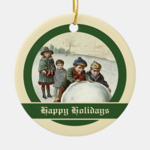 Ornamento De Cerâmica Crianças de vintage brincando no inverno