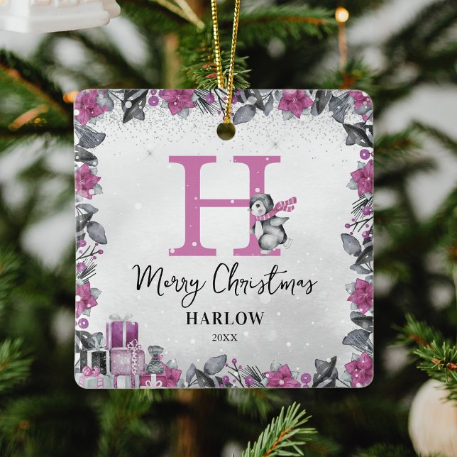 Ornamento De Cerâmica Crianças Pinguins Nome Monograma Natal (Criador carregado)