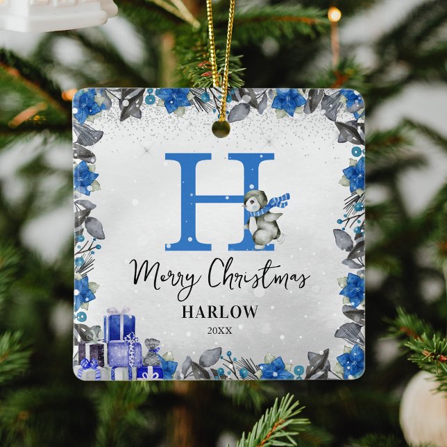 Ornamento De Cerâmica Crianças Pinguins Nome Monograma Natal (Criador carregado)