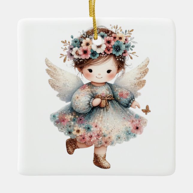 Ornamento De Cerâmica Crie seu encantador Anjo de Natal Floral (Frente)