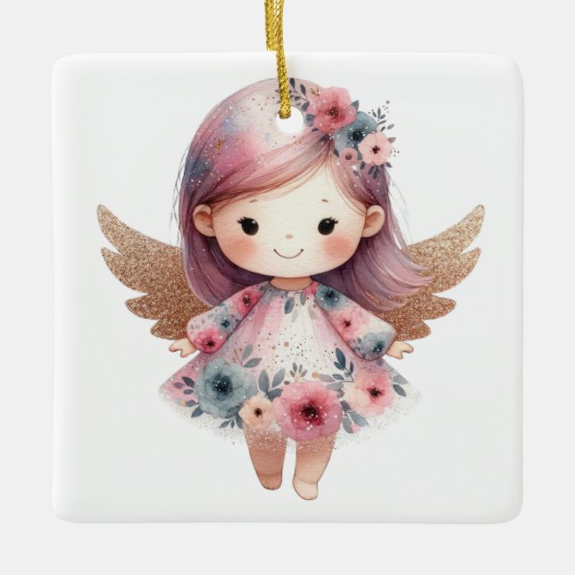 Ornamento De Cerâmica Crie Seu Próprio Anjo de Natal Floral Sorrindo (Frente)