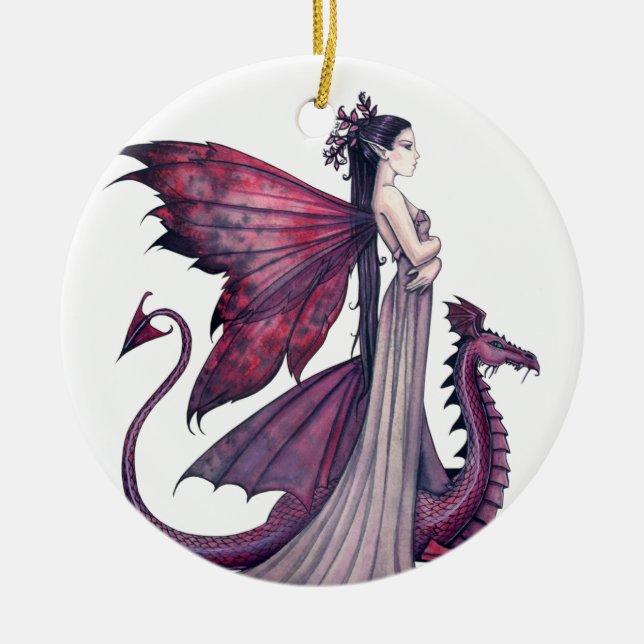 Ornamento De Cerâmica Crimson Dragon e Fairy Fantasy Art (Frente)