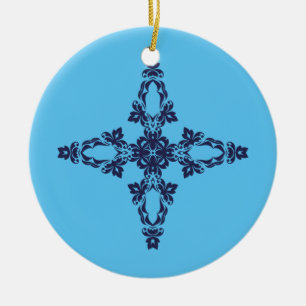 Ornamento De Cerâmica Cruz Cristã com Ornamentação Azul