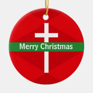 Ornamento De Cerâmica Cruz Cristã Vermelha e Branca Feliz Natal