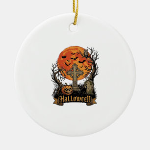 Ornamento De Cerâmica Cruz de Halloween Tumba Caveira Abóbora Gato Preto