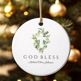 Ornamento De Cerâmica Cruz Religiosa Verde Botânico Deus Abençoe Batismo