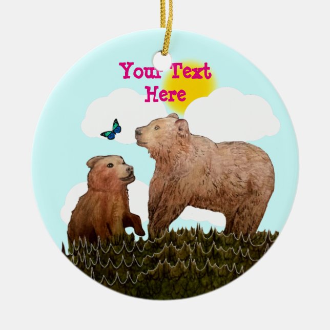 Ornamento De Cerâmica Cubo Urso e Mãe com Borboleta (Frente)