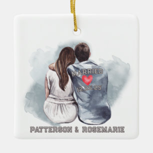 Ornamento De Cerâmica Cuddling de Casal casado - Visão traseira romântic