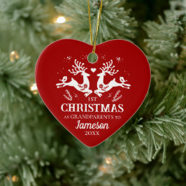 Ornamento De Cerâmica Cujo Vermelho Branco Primeiro Natal Avós Veado