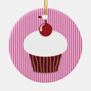Ornamento De Cerâmica Cupcake de baunilha e tiras rosadas