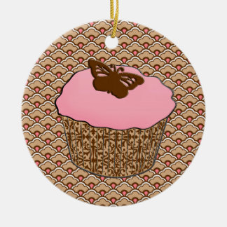 Ornamento De Cerâmica Cupcake de Fosco Rosa de Morango