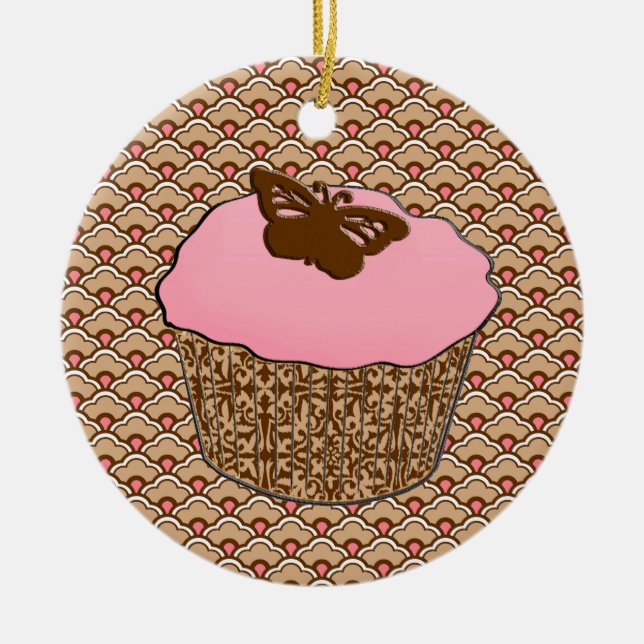 Ornamento De Cerâmica Cupcake de Fosco Rosa de Morango (Frente)