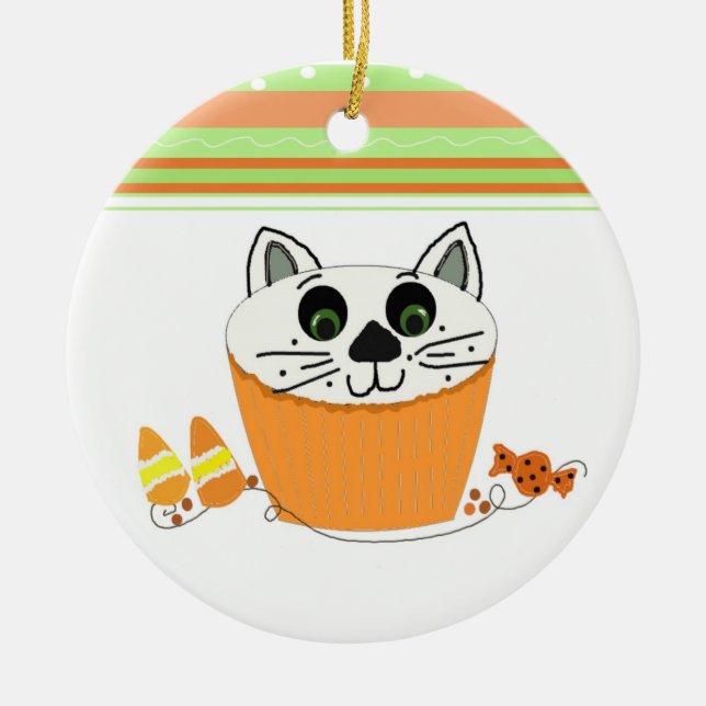 Ornamento De Cerâmica Cupcake de Gato Halloween (Frente)